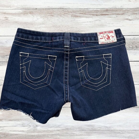 Y2K TRUE RELIGION Women’s Low Rise 90s STRETCH Shorts Frayed Hem Size 28 - Picture 1 of 7